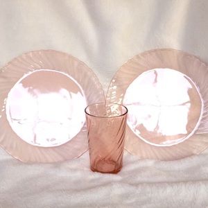 Arcoroc France Pink Glass Plates Tumbler Rosaline Swirl Pattern (lot of 3 items)